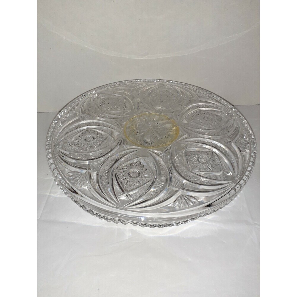 Vtg Cake Plate Early MCM Pattern Glass Stand Clear Pedestal Zig Zag Edge
